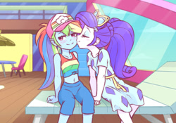 Size: 966x675 | Tagged: safe, artist:raridashdoodles, rainbow dash, rarity, better together, equestria girls, spring breakdown, belly button, blushing, cute, dashabetes, female, goggles, hat, kiss on the cheek, kissing, lesbian, raribetes, raridash, shipping