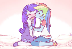 Size: 1000x689 | Tagged: safe, artist:raridashdoodles, part of a series, part of a set, rainbow dash, rarity, equestria girls, bed, blushing, clothes, dress, eyes closed, female, kiss on the cheek, kissing, lesbian, pillow, raridash, shipping, shirt, t-shirt