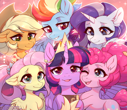 Size: 3000x2620 | Tagged: safe, artist:fensu-san, applejack, fluttershy, pinkie pie, rainbow dash, rarity, twilight sparkle, twilight sparkle (alicorn), alicorn, earth pony, pegasus, pony, unicorn, the last problem, clothes, cute, ear fluff, end of ponies, female, mane six, mare, older, older applejack, older fluttershy, older mane six, older pinkie pie, older rainbow dash, older rarity, older twilight, one eye closed, open mouth, series finale, smiling