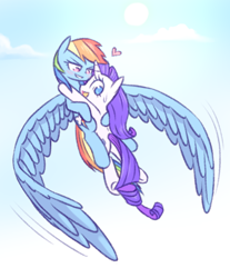 Size: 704x851 | Tagged: safe, artist:raridashdoodles, rainbow dash, rarity, pegasus, pony, unicorn, blushing, cute, dashabetes, female, flying, heart, impossibly large wings, large wings, lesbian, looking down, raribetes, raridash, shipping, wings