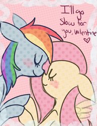 Size: 850x1100 | Tagged: safe, artist:terrac0tta, fluttershy, rainbow dash, pegasus, pony, blushing, female, flutterdash, heart, lesbian, shipping, valentine