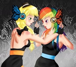 Size: 1024x911 | Tagged: safe, artist:ethereal-asphixia, derpibooru import, applejack, rainbow dash, appledash, female, humanized, lesbian, magnet, shipping, vocaloid