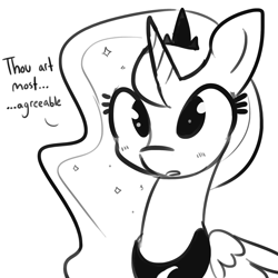 Size: 1650x1650 | Tagged: safe, artist:tjpones, princess luna, alicorn, pony, blushing, bust, compliment, cute, dialogue, female, grayscale, jewelry, lunabetes, mare, monochrome, regalia, simple background, sketch, solo, white background