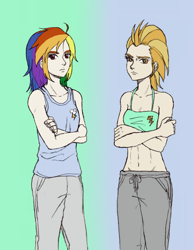 Size: 560x722 | Tagged: safe, artist:asdf314159265, lightning dust, rainbow dash, belly button, humanized, midriff