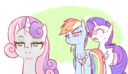 Size: 901x524 | Tagged: safe, artist:raridashdoodles, rainbow dash, rarity, sweetie belle, pegasus, pony, unicorn, growing up is hard to do, digital art, distracted boyfriend meme, female, implied sweetiedash, lesbian, mare, meme, older, older sweetie belle, raridash, shipping, shocked, smiling, wide eyes