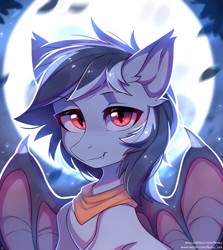 Size: 2672x3000 | Tagged: safe, artist:fensu-san, oc, oc:stormdancer, bat pony, pony, vampire, vampony, bat pony oc, bust, fangs, looking at you, male, moon, portrait, solo, wings