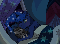 Size: 1024x753 | Tagged: safe, artist:kitkatsart, princess luna, oc, oc:dawn shine, alicorn, earth pony, pony, adopted offspring, female, filly, luna's room, mother and child, mother and daughter, one eye closed, parent and child, parent:princess luna, sleeping, socks (coat marking)