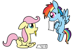 Size: 886x606 | Tagged: safe, artist:pikurosonai00, fluttershy, rainbow dash, pegasus, pony, filly, homework, mouth hold, pencil