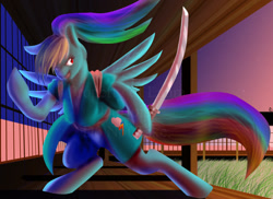 Size: 1024x745 | Tagged: safe, artist:mirrorandimage, derpibooru import, rainbow dash, pegasus, pony, katana, samurai, solo, sword, weapon