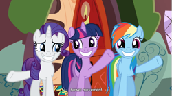 Size: 855x480 | Tagged: safe, screencap, rainbow dash, rarity, twilight sparkle, pegasus, pony, unicorn, dragon quest, smiling, youtube caption