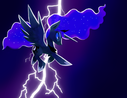 Size: 1280x989 | Tagged: safe, artist:talonsofwater, princess luna, alicorn, pony, female, flying, lightning, mare, slit eyes, smiling, solo, spread wings, the dark knight returns, wings