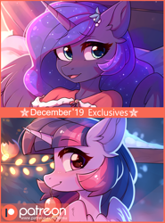 Size: 2082x2809 | Tagged: safe, artist:fensu-san, princess luna, twilight sparkle, twilight sparkle (alicorn), alicorn, anthro, pony, advertisement, anthro with ponies, christmas, christmas tree, clothes, female, holiday, patreon, patreon logo, patreon preview, solo, tree