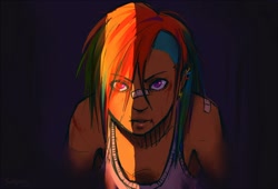 Size: 1000x678 | Tagged: safe, artist:schpog, rainbow dash, bandage, bleeding, clothes, dark background, door, female, humanized, looking at you, solo, tanktop