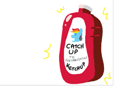 Size: 575x431 | Tagged: safe, artist:cartoonistgirl, derpibooru import, rainbow dash, pegasus, pony, bottle, doodle or die, food, ketchup, pun, sauce, simple background, sketch, solo