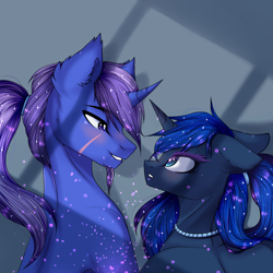 Size: 3000x3000 | Tagged: safe, artist:silvia-zero, princess luna, oc, oc:azure night, alicorn, pony, unicorn, azuna, bedroom eyes, canon x oc, ear fluff, female, jewelry, male, necklace, scar, shipping, stallion, straight, ych result