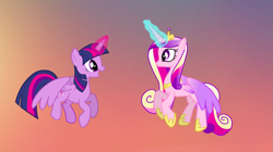 Size: 1439x807 | Tagged: safe, screencap, princess cadance, twilight sparkle, twilight sparkle (alicorn), alicorn, pony, three's a crowd, colored wings, duo, female, flying, glowing horn, gradient wings, looking at each other, magic, magic aura, mare, open mouth, sisters-in-law, smiling