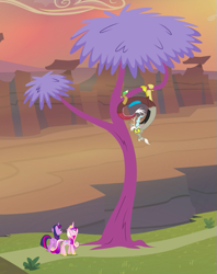 Size: 641x809 | Tagged: safe, screencap, discord, princess cadance, twilight sparkle, twilight sparkle (alicorn), alicorn, draconequus, pony, three's a crowd, cropped, female, male, mare, thinking tree, tree, trio, upside down