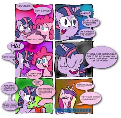 Size: 898x871 | Tagged: safe, artist:sneshneeorfa, pinkie pie, princess cadance, twilight sparkle, alicorn, earth pony, pony, comic, implied princess celestia, implied princess luna, pinkie pie is a genius, riddle, simple background, transparent background