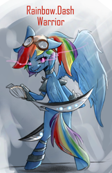 Size: 516x797 | Tagged: safe, artist:dear-cotton-candy, derpibooru import, rainbow dash, pegasus, pony, bipedal, character class, clothes, female, goggles, mare, solo, sword, text, weapon