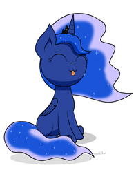 Size: 1213x1536 | Tagged: safe, artist:kimjoman, princess luna, alicorn, pony, :p, cute, eyes closed, female, filly, lunabetes, silly, sitting, solo, tongue out, woona, younger