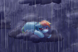 Size: 700x470 | Tagged: dead source, safe, artist:nick daniel, rainbow dash, pegasus, pony, blushing, cloud, cloudy, dark, frown, lying down, rain, sad, solo, wet