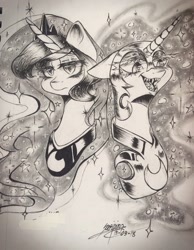 Size: 2354x3039 | Tagged: safe, artist:noey11843, nightmare moon, princess luna, alicorn, pony, bust, duality, high res, monochrome, portrait, traditional art