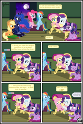 Size: 3254x4837 | Tagged: safe, artist:gutovi, applejack, fluttershy, pinkie pie, princess luna, rainbow dash, rarity, twilight sparkle, twilight sparkle (alicorn), alicorn, earth pony, pegasus, pony, unicorn, comic:why me!?, bed, broken window, comic, cushion, mane six, mare in the moon, moon, sofa