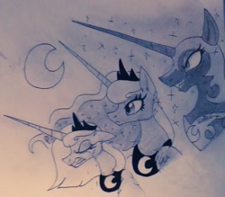 Size: 1024x895 | Tagged: safe, artist:jinxedwolfxd, nightmare moon, princess luna, alicorn, pony, monochrome, multeity, s1 luna, self ponidox