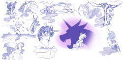 Size: 2301x1131 | Tagged: safe, artist:mythpony, nightmare moon, princess luna, bat pony, bat wings, behaving like a bat, descriptive noise, magic, moon, sitting, sketch