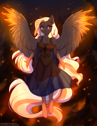 Size: 2177x2837 | Tagged: safe, artist:fensu-san, oc, oc only, anthro, pegasus, pony, unguligrade anthro, anthro oc, clothes, dress, female, fire, looking at you, mare, solo, wings