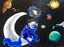 Size: 1024x751 | Tagged: safe, artist:colorsceempainting, princess luna, alicorn, dolphin, pony, astronaut, blackhole, bored, canvas, equestria, helmet, moon, paint, painting, planet, solo, space, spaceship, sun, tangible heavenly object, traditional art, watermark