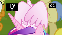 Size: 1920x1080 | Tagged: safe, screencap, princess cadance, princess flurry heart, alicorn, earth pony, pony, road to friendship, baby, baby pony, covering, female, male, mare, mother and child, mother and daughter, parent and child, pony hat, stallion, tv rating, wing covering