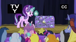 Size: 1920x1080 | Tagged: safe, screencap, blues, carrot top, golden harvest, hoo'far, linky, lucky clover, noteworthy, princess cadance, princess flurry heart, shoeshine, starlight glimmer, twilight sparkle, twilight sparkle (alicorn), alicorn, pony, saddle arabian, unicorn, road to friendship, aunt and niece, auntie twilight, baby, baby pony, chains, chest, clock, diaper, female, foal, magic, male, mare, mother and child, mother and daughter, parent and child, stage, stallion