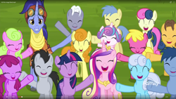 Size: 1920x1080 | Tagged: safe, screencap, berry punch, berryshine, blues, bon bon, caramel, carrot top, cherry berry, daisy, flower wishes, golden harvest, goldengrape, hoo'far, linky, lucky clover, noteworthy, princess cadance, princess flurry heart, royal riff, shoeshine, sir colton vines iii, sweetie drops, twilight sparkle, twilight sparkle (alicorn), alicorn, earth pony, pony, saddle arabian, unicorn, road to friendship, aunt and niece, auntie twilight, background pony, background pony audience, cheering, discovery family logo, eyes closed, female, goggles, male, mare, mother and child, mother and daughter, parent and child, stallion