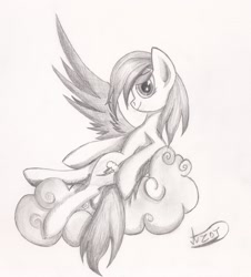 Size: 1921x2121 | Tagged: safe, artist:kapitanazot, rainbow dash, pegasus, pony, cloud, monochrome, solo, traditional art