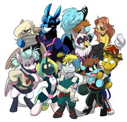 Size: 3233x3121 | Tagged: safe, artist:luximus17, oc, oc:cirrus sky, oc:electro current, oc:honey drizzle, oc:macchiato, oc:neko, oc:passel, oc:umami stale, all might's hero costume, clothes, cosplay, costume, crossover, deku's hero costume, group photo, my hero academia