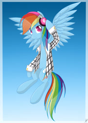 Size: 2192x3040 | Tagged: safe, artist:katyakhait, derpibooru import, rainbow dash, pegasus, pony, clothes, flying, headphones, shirt, solo