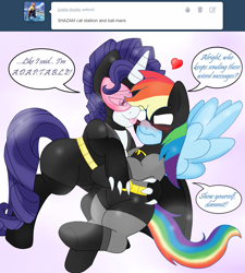 Size: 1655x1840 | Tagged: safe, artist:blackbewhite2k7, elusive, rainbow dash, rarity, pegasus, pony, unicorn, batman, blushing, catwoman, elusidash, female, half r63 shipping, licking, male, raridash, rule 63, shipping, straight