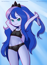 Size: 1152x1584 | Tagged: safe, artist:drantyno, princess luna, vice principal luna, equestria girls, armpits, belly button, black underwear, bra, breasts, brushing, clothes, crop top bra, female, frilly underwear, looking at you, panties, ribbon, small breasts, smiling, solo, underwear, younger