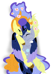 Size: 730x979 | Tagged: safe, artist:goatpaste, carrot top, derpy hooves, golden harvest, princess luna, alicorn, earth pony, pegasus, pony, crack shipping, derpytop, eyes closed, female, flower, flower in hair, hug, lesbian, lunaderp, lunatop, mare, polyamory, shipping, smiling, winghug