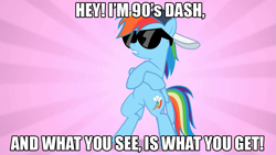 Size: 951x535 | Tagged: safe, rainbow dash, pegasus, pony, '90s, '90s kid, atop the fourth wall, image macro, linkara, solo, wingbonerextraordinary