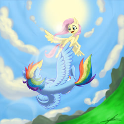 Size: 2362x2362 | Tagged: safe, artist:queensdaughters, derpibooru import, fluttershy, rainbow dash, pegasus, pony, backwards cutie mark, flying, sky, sun