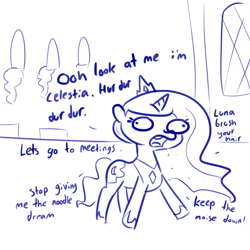 Size: 1650x1650 | Tagged: safe, artist:tjpones, princess luna, alicorn, pony, crown, dialogue, faic, female, funny, funny as hell, implied princess celestia, jewelry, mare, mocking, monochrome, noodle incident, open mouth, regalia, simple background, solo, this will end in tears and/or a journey to the moon, white background, woonoggles