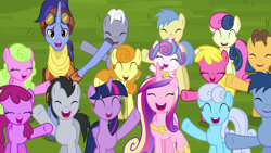 Size: 1280x720 | Tagged: safe, screencap, berry punch, berryshine, blues, bon bon, caramel, carrot top, cherry berry, daisy, flower wishes, golden harvest, goldengrape, hoo'far, linky, lucky clover, noteworthy, princess cadance, princess flurry heart, royal riff, shoeshine, sir colton vines iii, sweetie drops, twilight sparkle, twilight sparkle (alicorn), alicorn, earth pony, pony, saddle arabian, unicorn, road to friendship, aunt and niece, auntie twilight, background pony, background pony audience, cheering, female, goggles, male, mare, mother and child, mother and daughter, parent and child, stallion