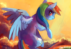 Size: 1280x886 | Tagged: safe, artist:cherivinca, derpibooru import, rainbow dash, pegasus, pony, cloud, solo, sunset