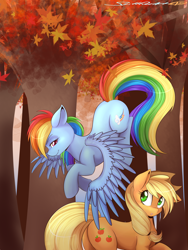 Size: 3000x4000 | Tagged: safe, artist:spittfireart, derpibooru import, applejack, rainbow dash, earth pony, pegasus, pony, :o, appledash, bedroom eyes, butt touch, feathermarking, female, floppy ears, flying, forest, lesbian, looking back, looking up, never doubt tchernobog's involvement, raised hoof, shipping, smiling, smirk, spread wings, tree