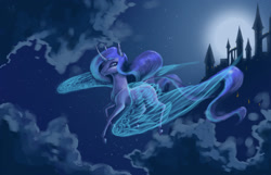 Size: 2657x1716 | Tagged: safe, artist:kimsteinandother, princess luna, alicorn, pony, canterlot, curved horn, female, flying, glowing wings, mare, missing cutie mark, moon, night, solo