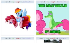 Size: 555x334 | Tagged: safe, derpibooru import, gummy, pinkie pie, rainbow dash, earth pony, pegasus, pony, derpibooru, exploitable meme, juxtaposition, juxtaposition win