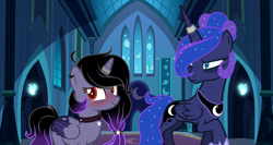 Size: 1906x1014 | Tagged: safe, artist:themisslittledevil, princess luna, oc, oc:midnight dreams, alicorn, pony, bags under eyes, female, horn ring, mare, mother and child, mother and daughter, offspring, parent and child, parent:king sombra, parent:princess luna, parents:lumbra