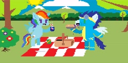 Size: 10144x5040 | Tagged: safe, artist:artistbrony, rainbow dash, soarin', pegasus, pony, absurd resolution, bipedal, female, hoof hold, jpg artifacts, male, pepsi, picnic, pie, pixel art, shipping, soarindash, straight, that pony sure does love pies